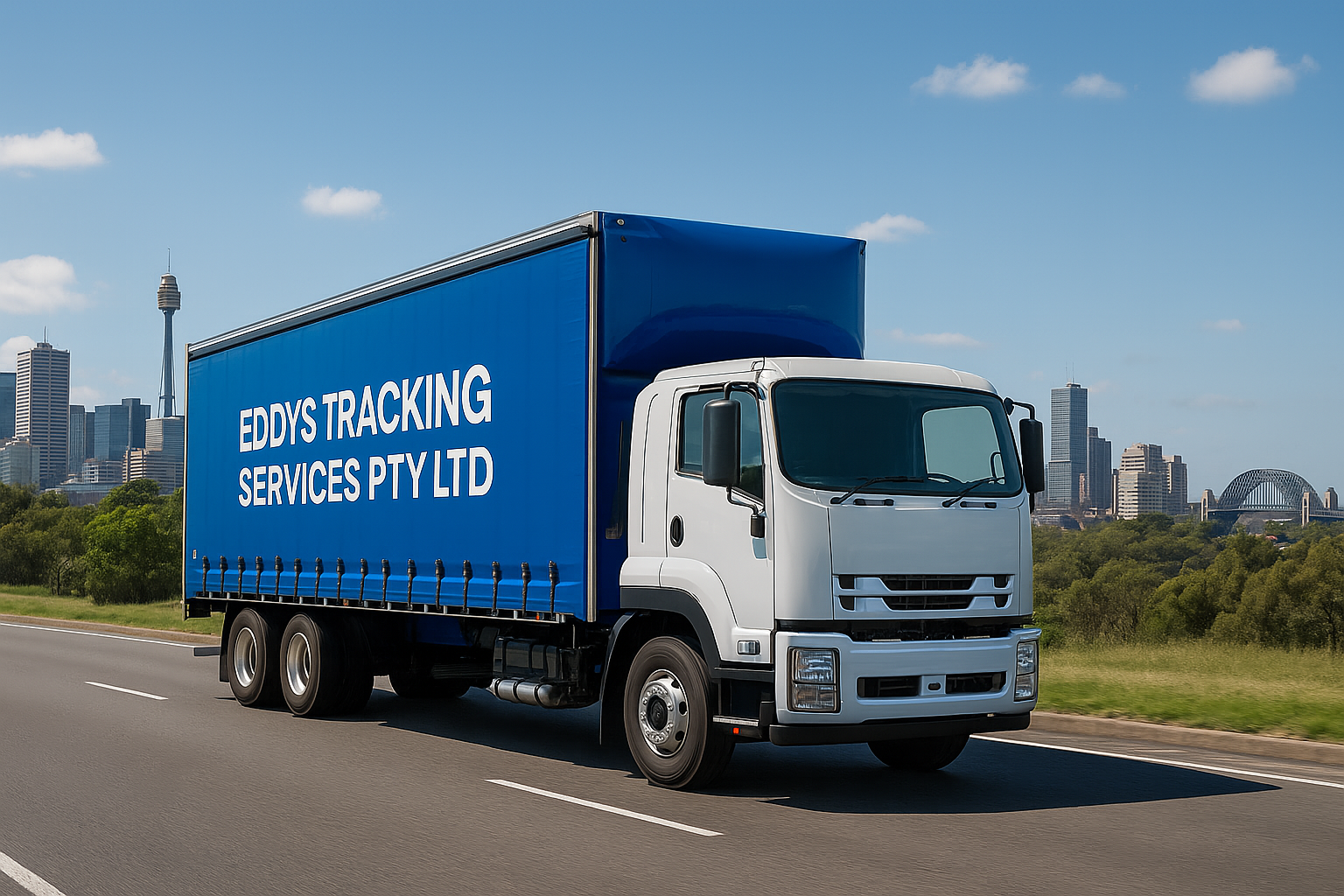 Eddy's Tracking Services truck with Sydney skyline - Professional freight transport
